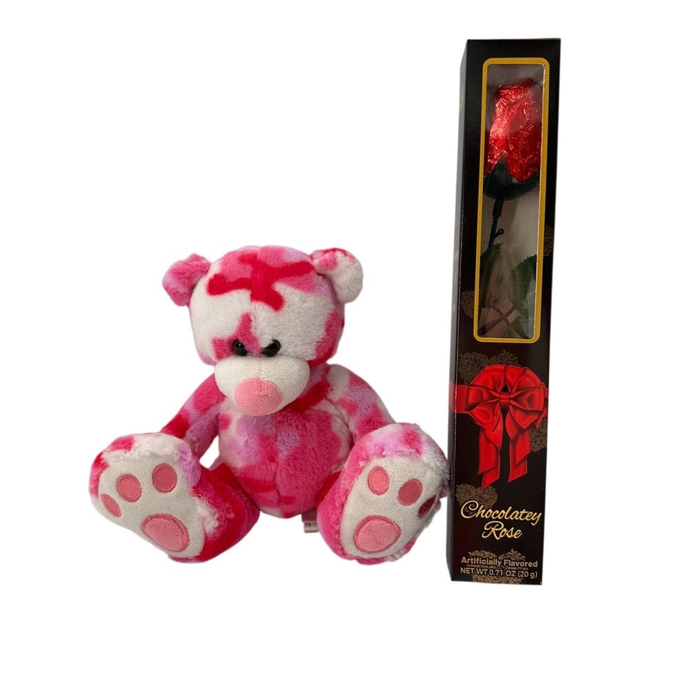 Chocolate Rose & Pink Tie-Dye Plush Bear Gift Set Teddy Valentine Gift Cute Love